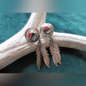 Nice Zuni Sterling Silver EARRINGS Feather Coral Jet Lapis MOP Signed 11.9 Grams